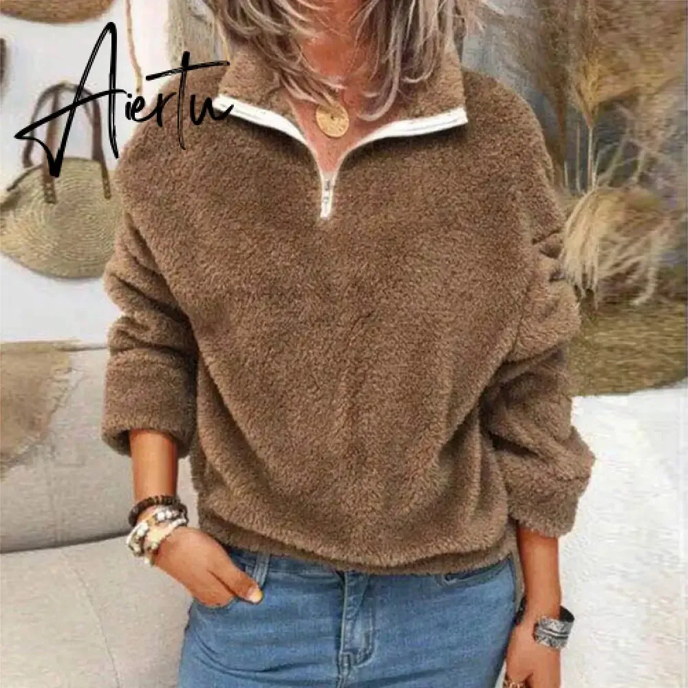 Aiertu Women Fleece Sweatshirt Pullovers Elegant Turn-Collar Zipped Hoodies Tops Casual Solid Long Sleeves Oversized Winter