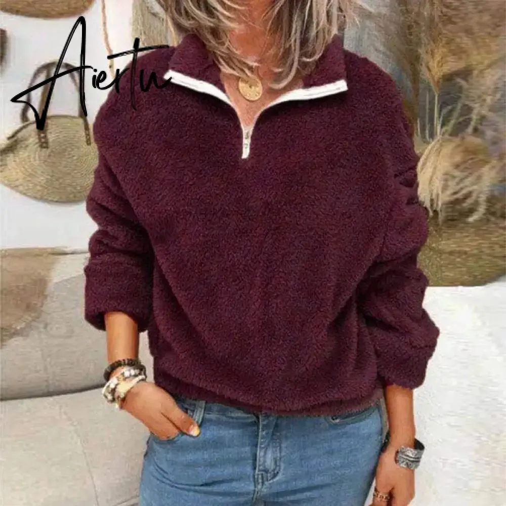 Aiertu Women Fleece Sweatshirt Pullovers Elegant Turn-Collar Zipped Hoodies Tops Casual Solid Long Sleeves Oversized Winter