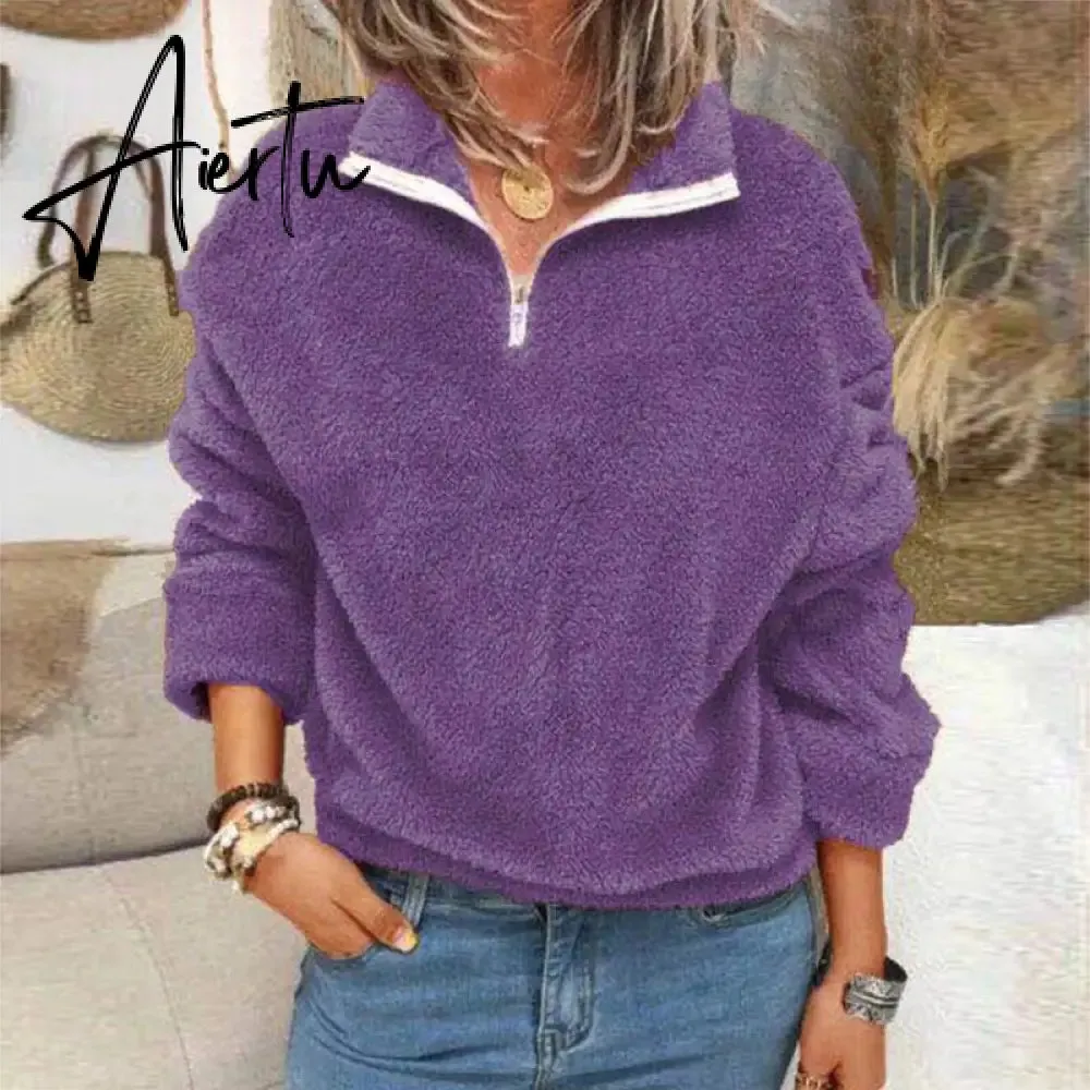 Aiertu Women Fleece Sweatshirt Pullovers Elegant Turn-Collar Zipped Hoodies Tops Casual Solid Long Sleeves Oversized Winter