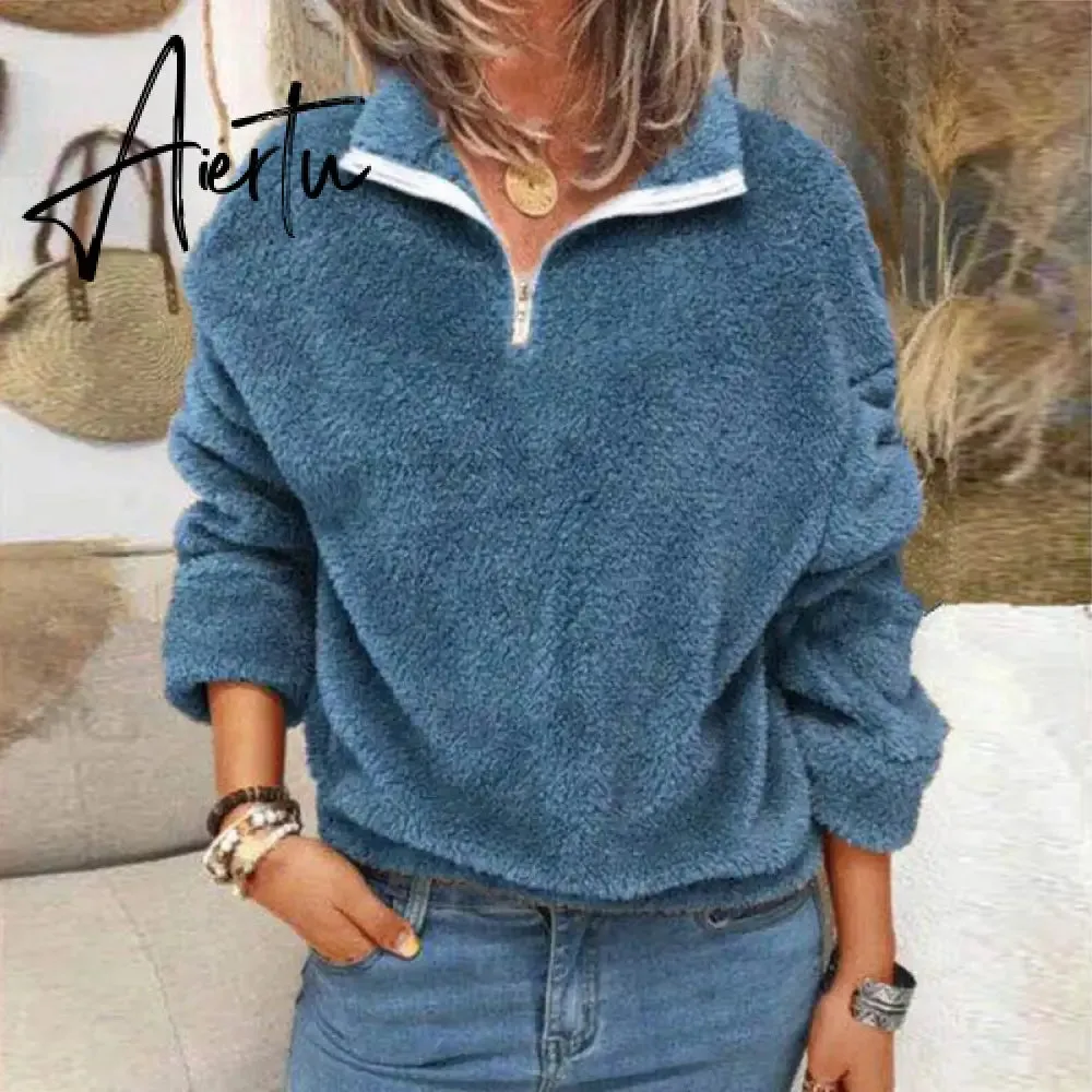 Aiertu Women Fleece Sweatshirt Pullovers Elegant Turn-Collar Zipped Hoodies Tops Casual Solid Long Sleeves Oversized Winter