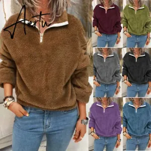 Aiertu Women Fleece Sweatshirt Pullovers Elegant Turn-Collar Zipped Hoodies Tops Casual Solid Long Sleeves Oversized Winter