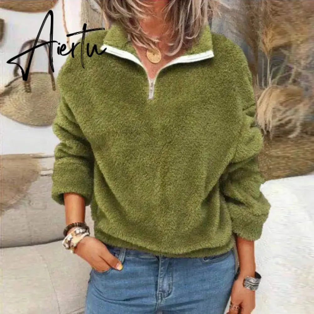 Aiertu Women Fleece Sweatshirt Pullovers Elegant Turn-Collar Zipped Hoodies Tops Casual Solid Long Sleeves Oversized Winter