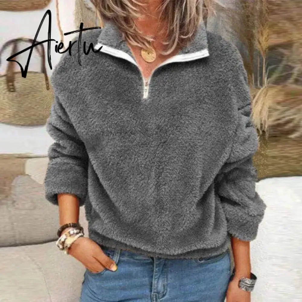 Aiertu Women Fleece Sweatshirt Pullovers Elegant Turn-Collar Zipped Hoodies Tops Casual Solid Long Sleeves Oversized Winter