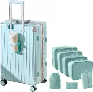 Aluminum Frame Carry-on Luggage, Hardside Carry-on Suitcase, Zipperless Suitcase, Spinner Luggage with Cup Holder and TSA Locks (Blue   Organizer Bags, Carry-On 24-Inch)