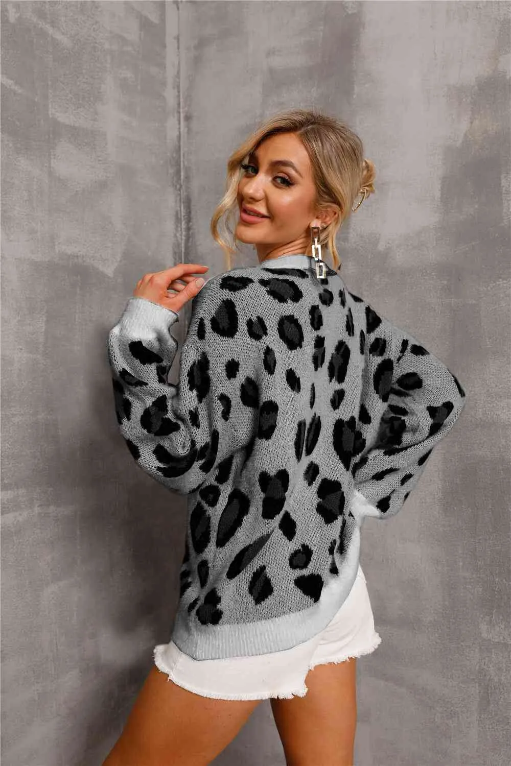 Animal Print Dropped Shoulder Knit Pullover