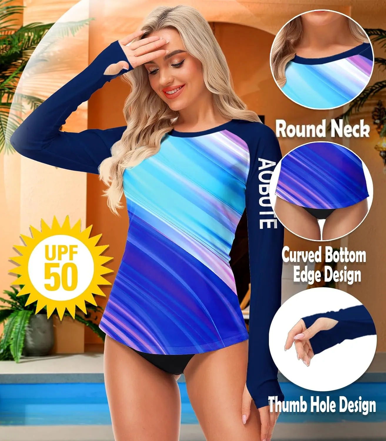 AOBUTE Women Rash Guard Sun Protecion Long Sleeve UPF 50  Swim Shirt with Thumb Hole