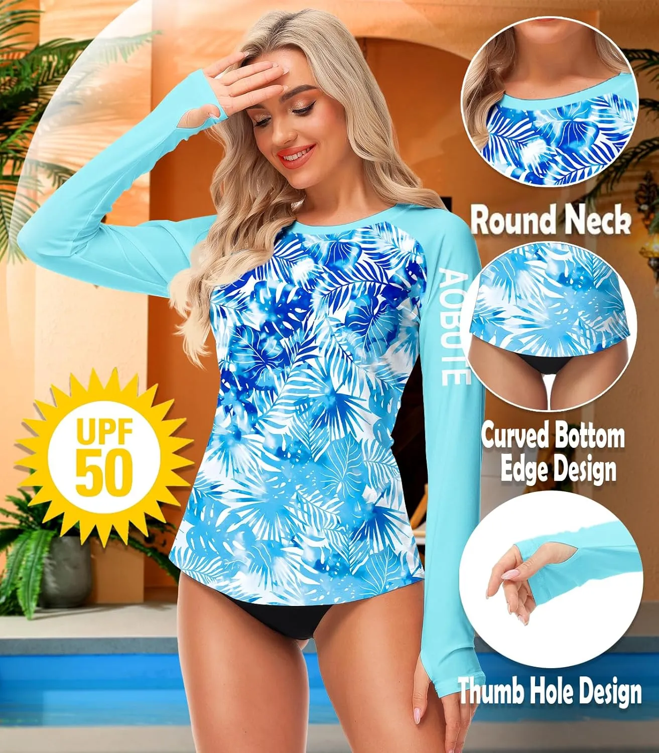 AOBUTE Women Rash Guard Sun Protecion Long Sleeve UPF 50  Swim Shirt with Thumb Hole