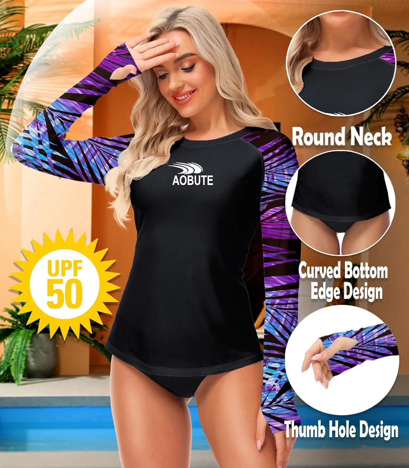 AOBUTE Women Rash Guard Sun Protecion Long Sleeve UPF 50  Swim Shirt with Thumb Hole