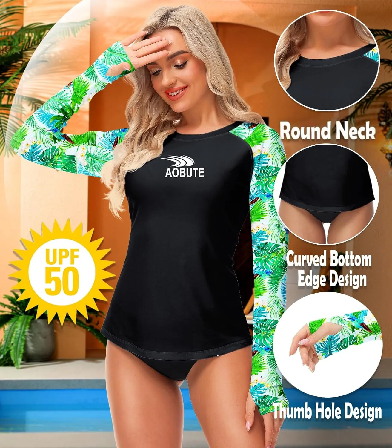 AOBUTE Women Rash Guard Sun Protecion Long Sleeve UPF 50  Swim Shirt with Thumb Hole