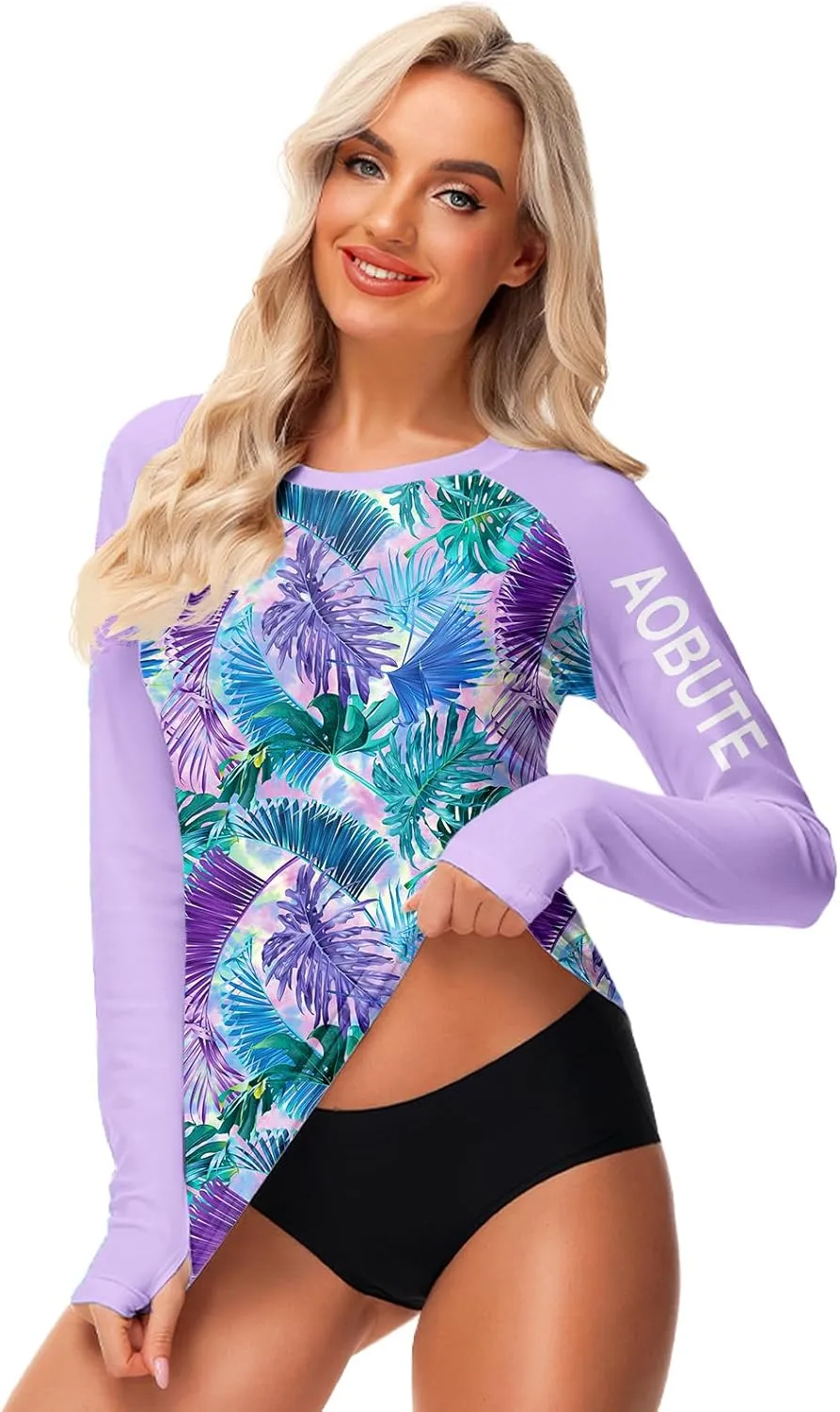 AOBUTE Women Rash Guard Sun Protecion Long Sleeve UPF 50  Swim Shirt with Thumb Hole