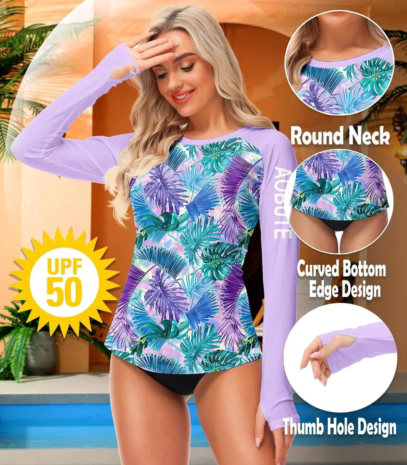 AOBUTE Women Rash Guard Sun Protecion Long Sleeve UPF 50  Swim Shirt with Thumb Hole