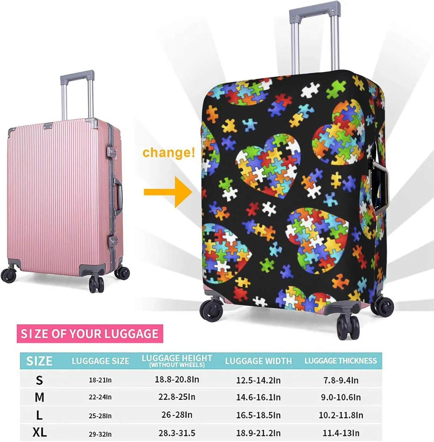 Autism Awareness Puzzle Pieces Heart Print Luggage Cover Washable Suitcase Anti-Scratch Suitcase Cover Protective Cover Fits 18-32 Inch