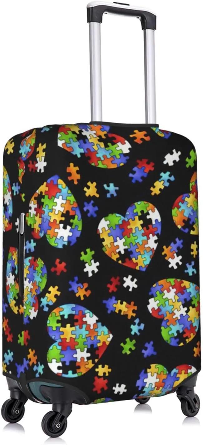 Autism Awareness Puzzle Pieces Heart Print Luggage Cover Washable Suitcase Anti-Scratch Suitcase Cover Protective Cover Fits 18-32 Inch