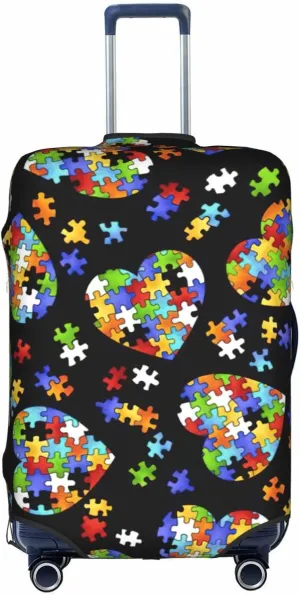 Autism Awareness Puzzle Pieces Heart Print Luggage Cover Washable Suitcase Anti-Scratch Suitcase Cover Protective Cover Fits 18-32 Inch