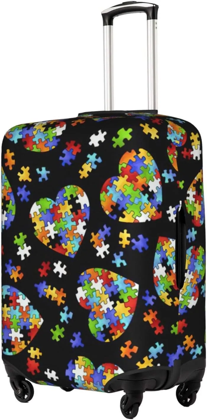 Autism Awareness Puzzle Pieces Heart Print Luggage Cover Washable Suitcase Anti-Scratch Suitcase Cover Protective Cover Fits 18-32 Inch