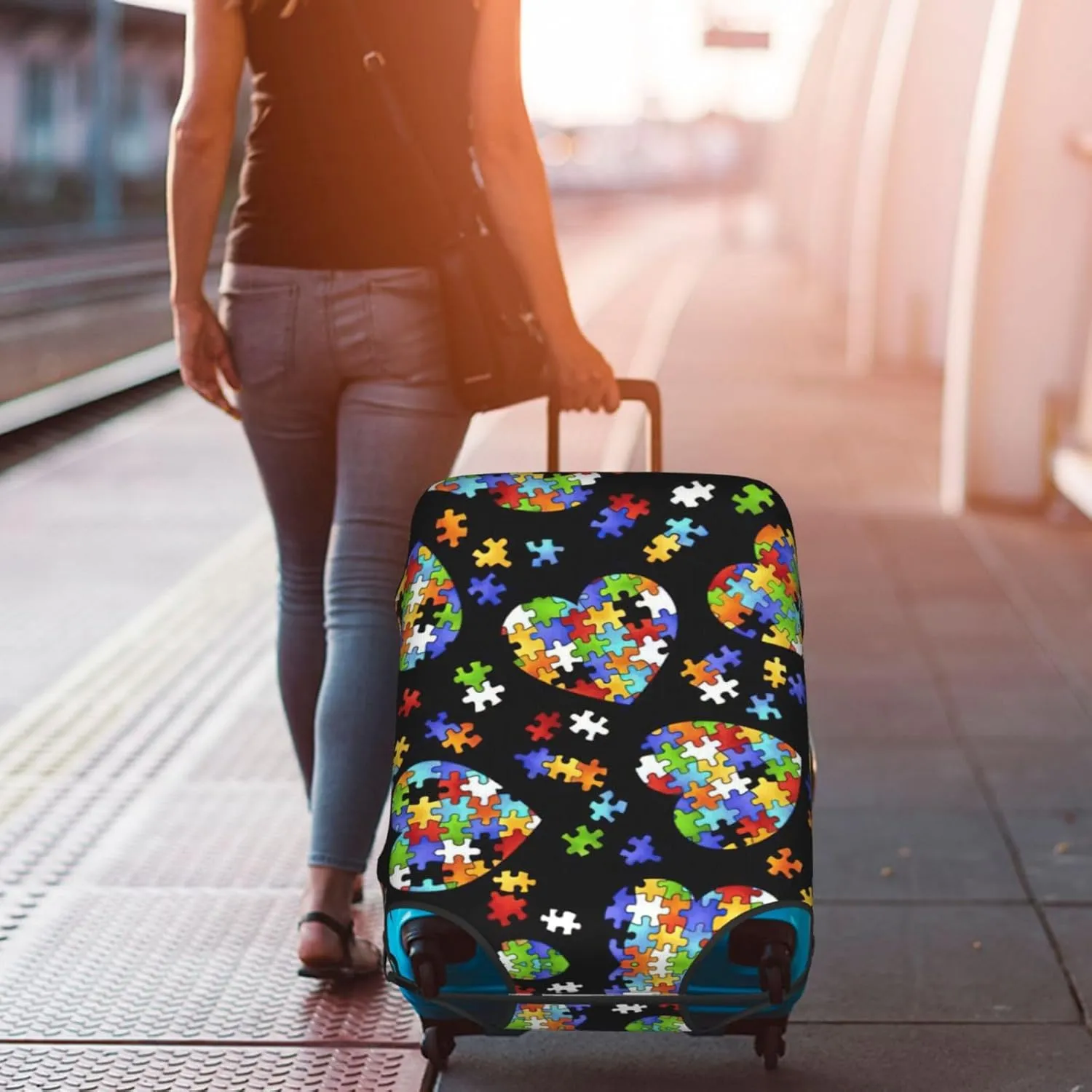Autism Awareness Puzzle Pieces Heart Print Luggage Cover Washable Suitcase Anti-Scratch Suitcase Cover Protective Cover Fits 18-32 Inch