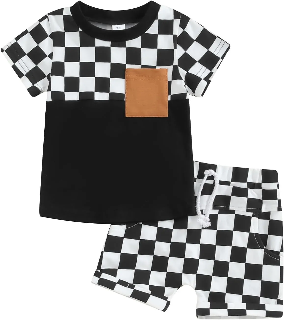 Baby Boy Girl Summer Outfits Checkerboard Short Sleeve T-Shirt Elastic Waist Shorts Set Toddler Checkered Outfit