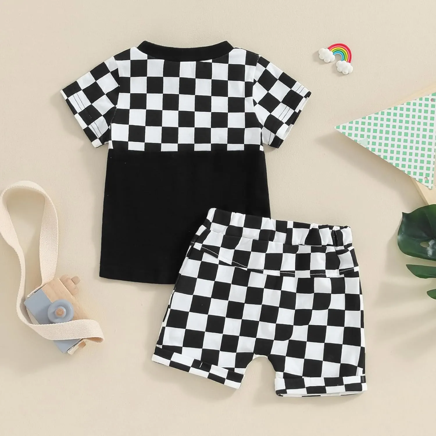 Baby Boy Girl Summer Outfits Checkerboard Short Sleeve T-Shirt Elastic Waist Shorts Set Toddler Checkered Outfit