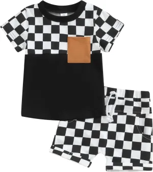 Baby Boy Girl Summer Outfits Checkerboard Short Sleeve T-Shirt Elastic Waist Shorts Set Toddler Checkered Outfit