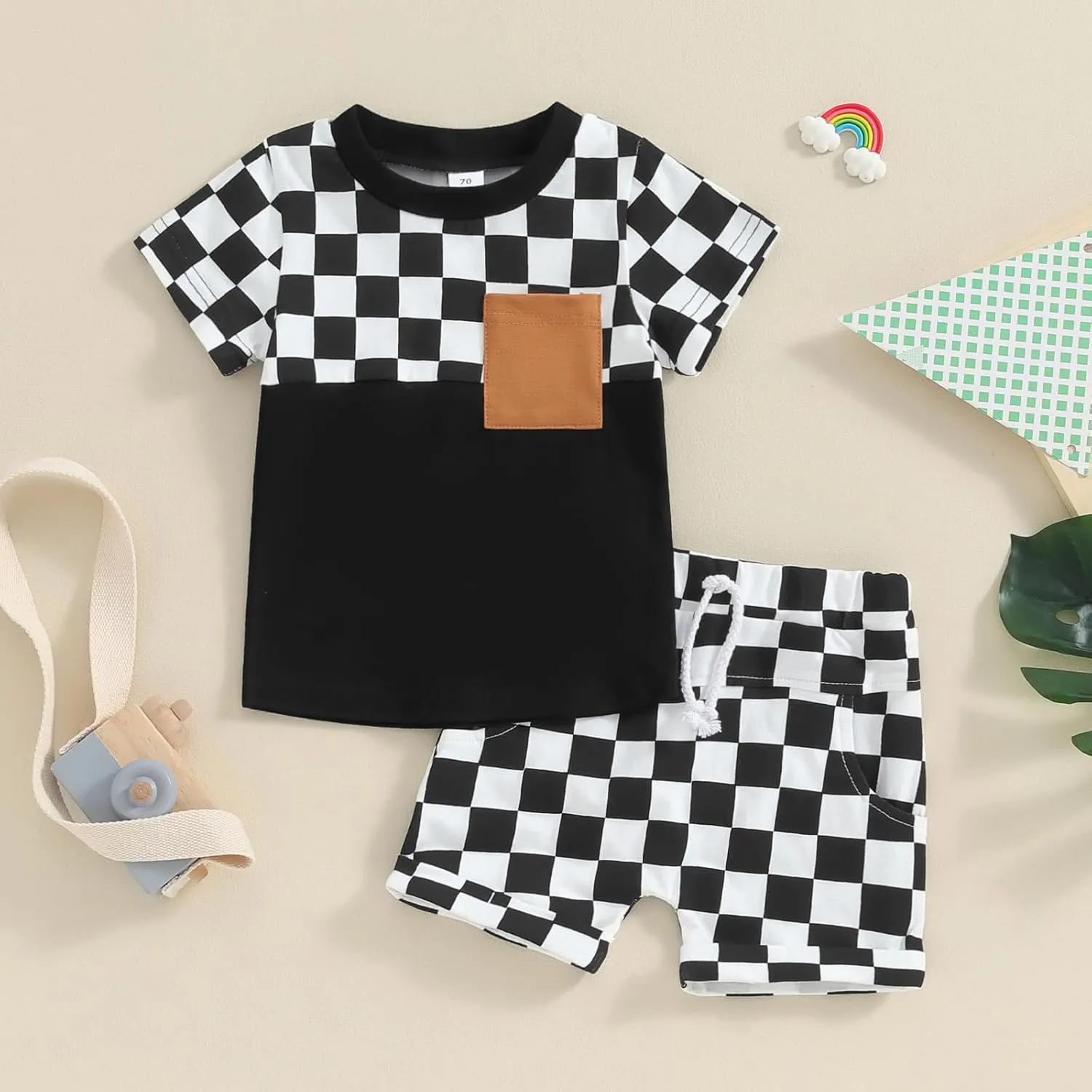 Baby Boy Girl Summer Outfits Checkerboard Short Sleeve T-Shirt Elastic Waist Shorts Set Toddler Checkered Outfit