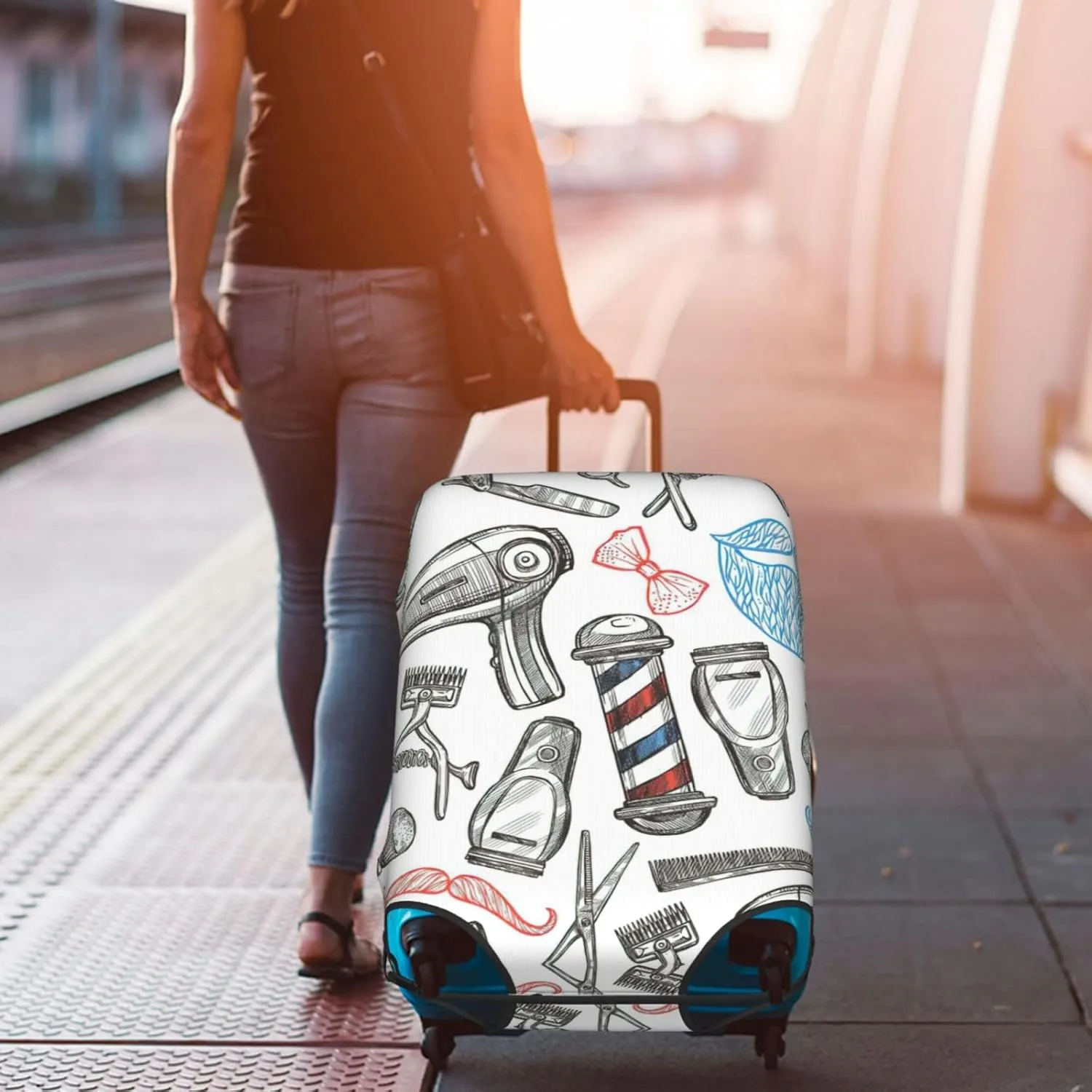 Barber Shop Monochrome Style Print Luggage Cover Washable Suitcase Anti-Scratch Suitcase Cover Protective Cover Fits 18-32 Inch
