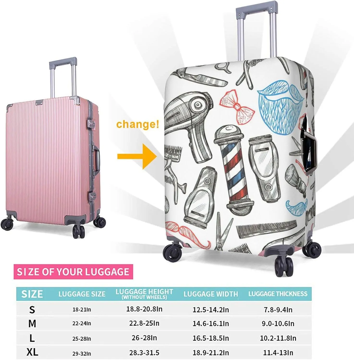 Barber Shop Monochrome Style Print Luggage Cover Washable Suitcase Anti-Scratch Suitcase Cover Protective Cover Fits 18-32 Inch
