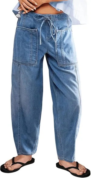 Barrel Jeans for Women Stretch Elastic Waist Pull-on Wide Leg Baggy Pants Lightweight Casual Crop Denim with Drawstring