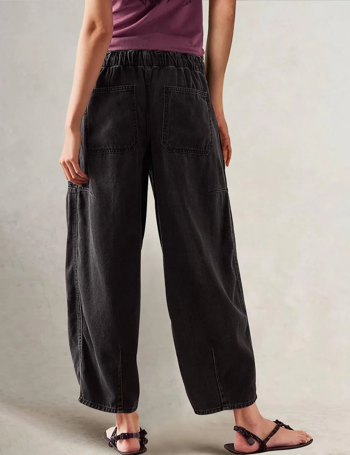 Barrel Jeans for Women Stretch Elastic Waist Pull-on Wide Leg Baggy Pants Lightweight Casual Crop Denim with Drawstring