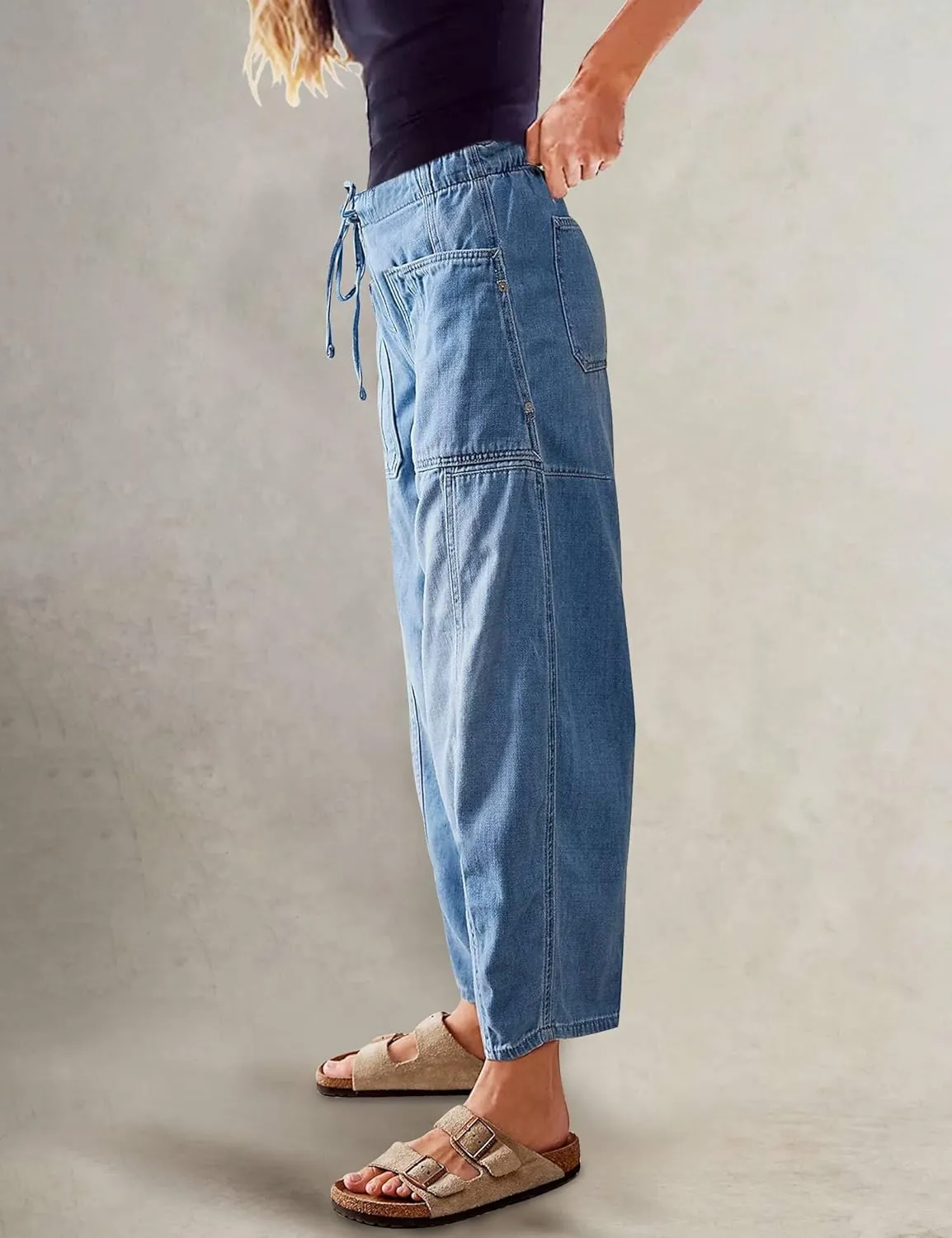 Barrel Jeans for Women Stretch Elastic Waist Pull-on Wide Leg Baggy Pants Lightweight Casual Crop Denim with Drawstring