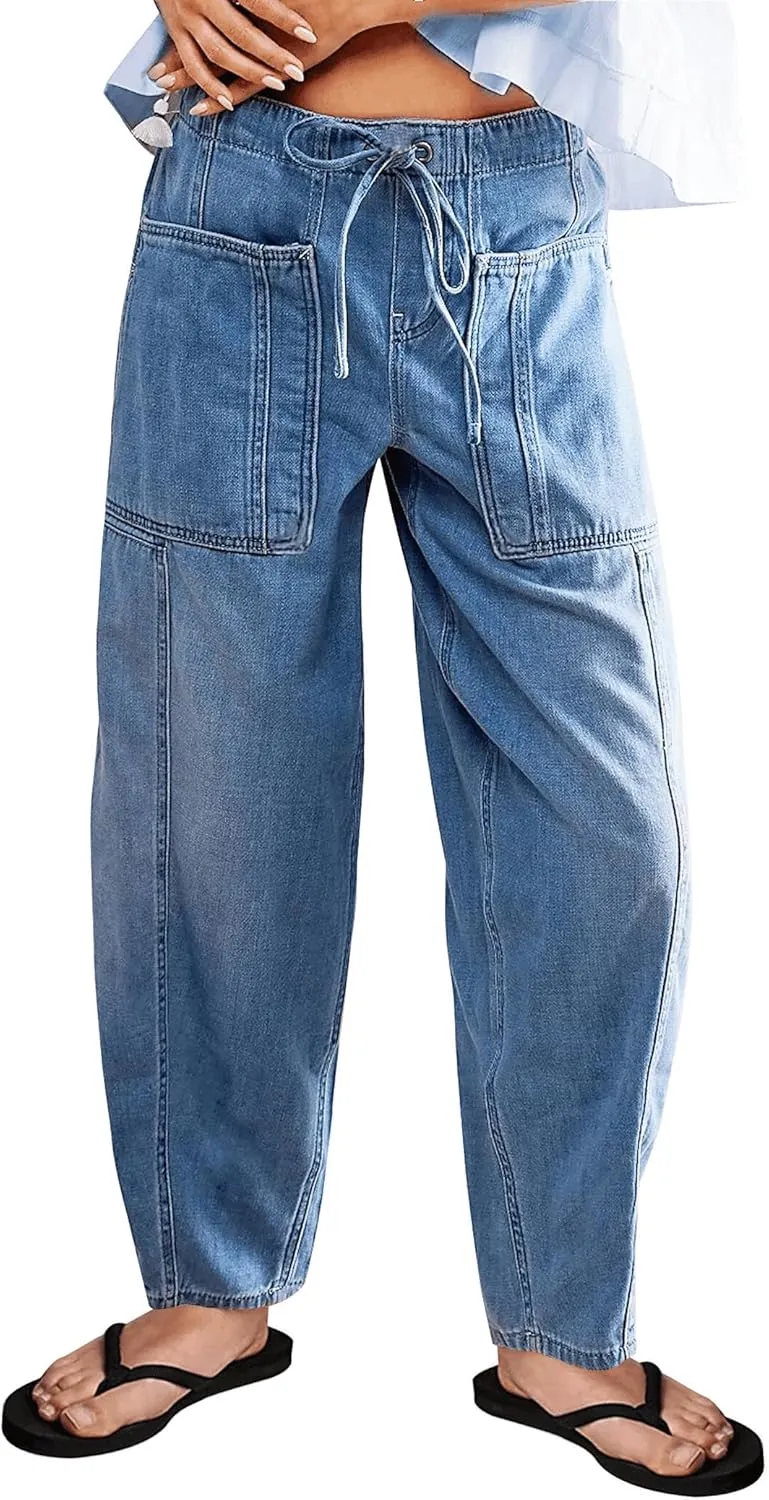 Barrel Jeans for Women Stretch Elastic Waist Pull-on Wide Leg Baggy Pants Lightweight Casual Crop Denim with Drawstring