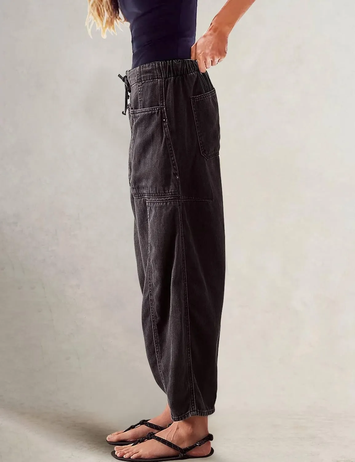 Barrel Jeans for Women Stretch Elastic Waist Pull-on Wide Leg Baggy Pants Lightweight Casual Crop Denim with Drawstring