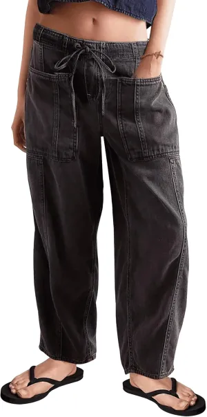 Barrel Jeans for Women Stretch Elastic Waist Pull-on Wide Leg Baggy Pants Lightweight Casual Crop Denim with Drawstring