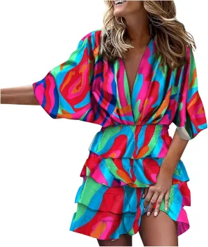 Beach Dresses for Women,2024 Summer Batwing Sleeve Floral Print Boho Dress,Casual V Neck Tiered Ruched Mini Dress