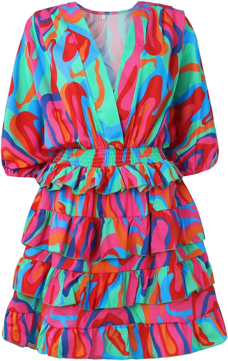 Beach Dresses for Women,2024 Summer Batwing Sleeve Floral Print Boho Dress,Casual V Neck Tiered Ruched Mini Dress