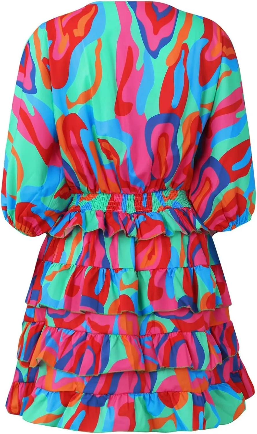 Beach Dresses for Women,2024 Summer Batwing Sleeve Floral Print Boho Dress,Casual V Neck Tiered Ruched Mini Dress