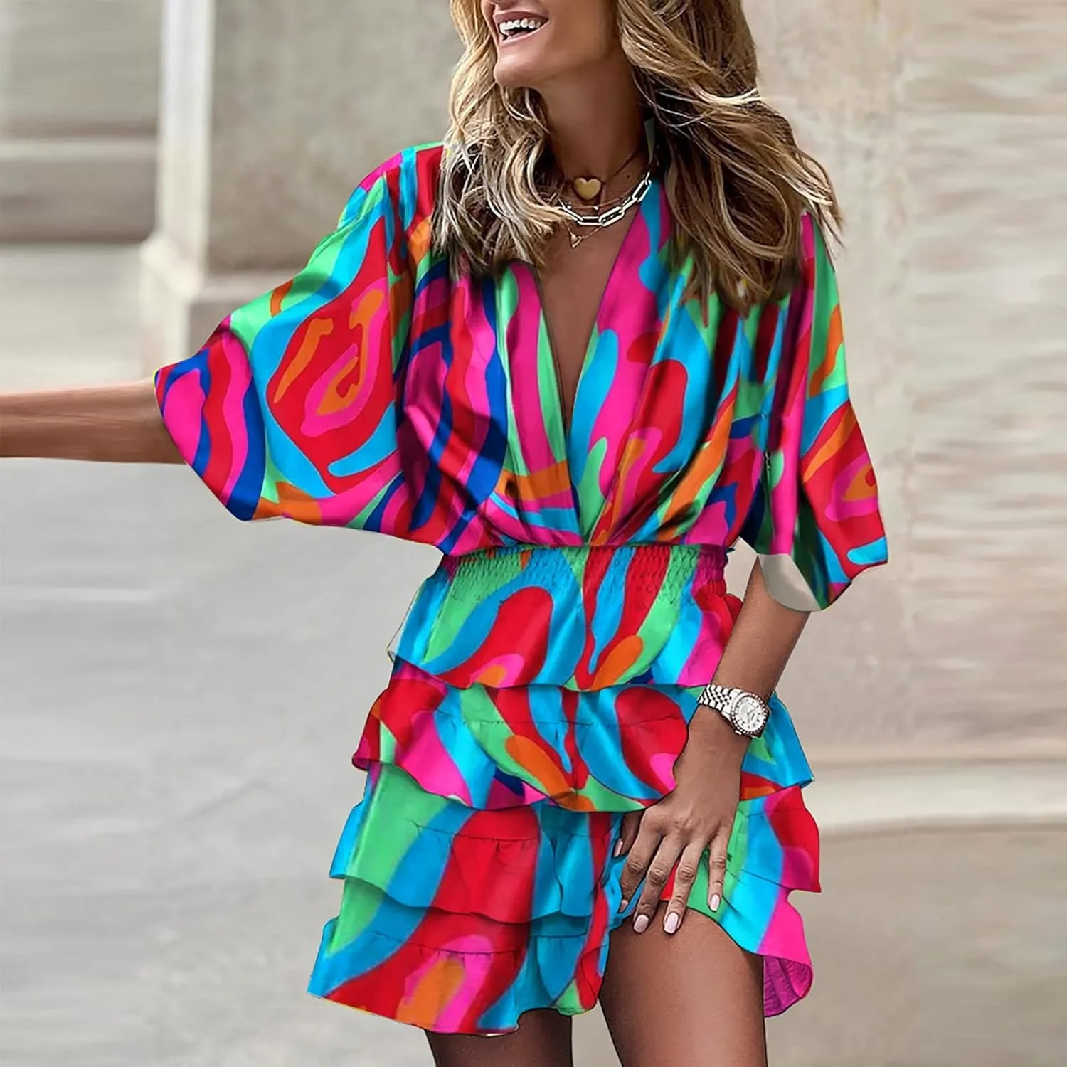 Beach Dresses for Women,2024 Summer Batwing Sleeve Floral Print Boho Dress,Casual V Neck Tiered Ruched Mini Dress