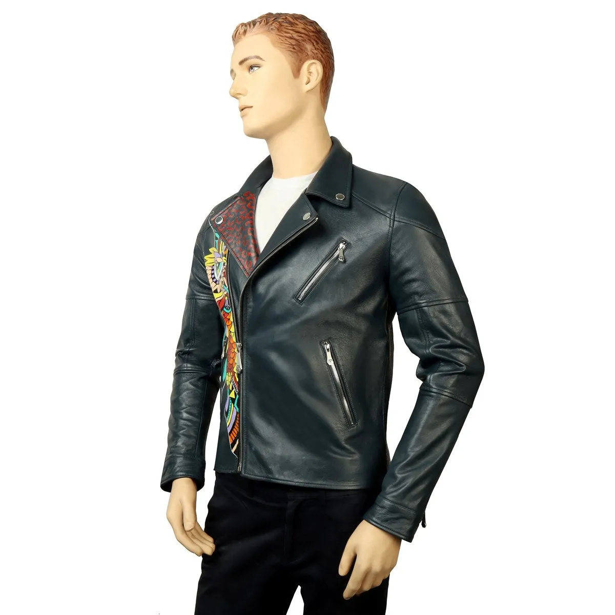 Bespoke Smoky Blue Hand-painted Sugerskull Owl Printed Leather Jacket By Brune & Bareskin