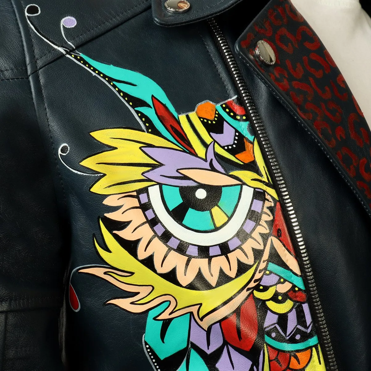 Bespoke Smoky Blue Hand-painted Sugerskull Owl Printed Leather Jacket By Brune & Bareskin