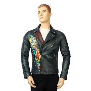 Bespoke Smoky Blue Hand-painted Sugerskull Owl Printed Leather Jacket By Brune & Bareskin