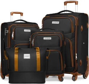 Black Brown Luggage Sets 5 Piece Expandable Softside Suitcases with Spinner Wheels TSA Lock