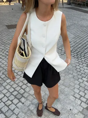 Black Friday Joskaa Solid Single Breasted Vests Outwear Elegant Office Lady Sleeveless With Pocket Solid Color Loose Female Vest Cardigan New