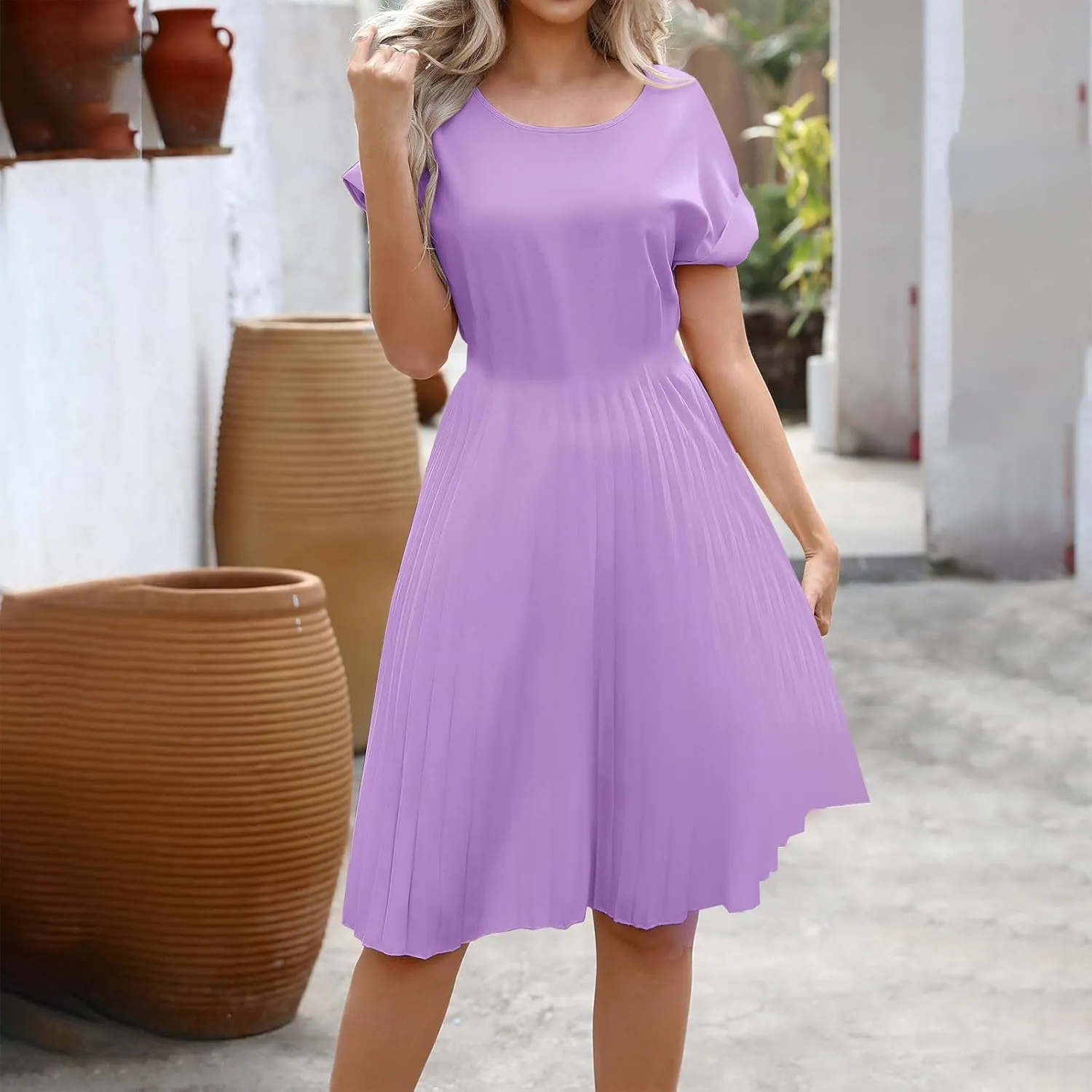 Borniu Women's Summer Short Sleeve Mini Dress 2025 Crewneck Solid Color Cute A Line Pleated Swing Casual Basic Short Dresses