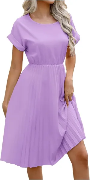 Borniu Women's Summer Short Sleeve Mini Dress 2025 Crewneck Solid Color Cute A Line Pleated Swing Casual Basic Short Dresses