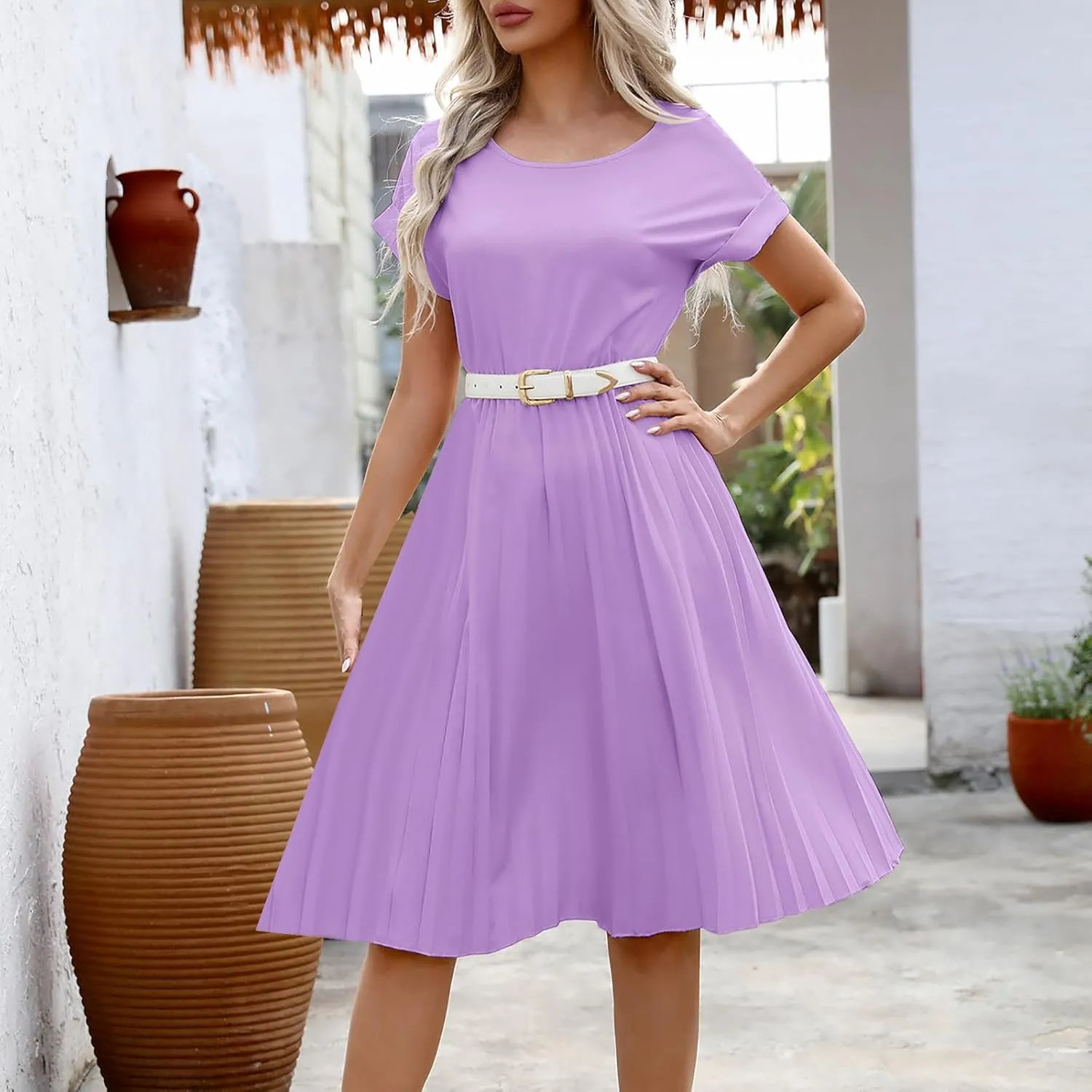 Borniu Women's Summer Short Sleeve Mini Dress 2025 Crewneck Solid Color Cute A Line Pleated Swing Casual Basic Short Dresses
