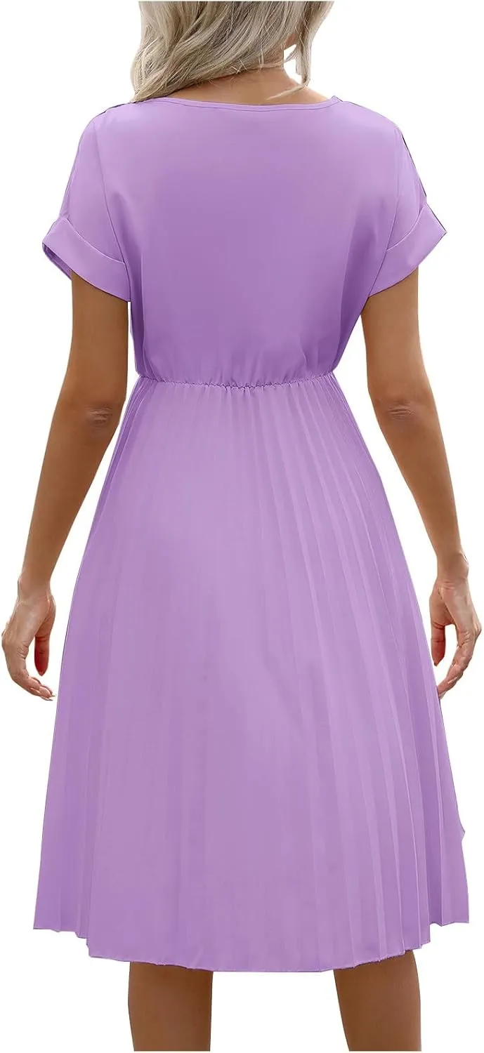 Borniu Women's Summer Short Sleeve Mini Dress 2025 Crewneck Solid Color Cute A Line Pleated Swing Casual Basic Short Dresses