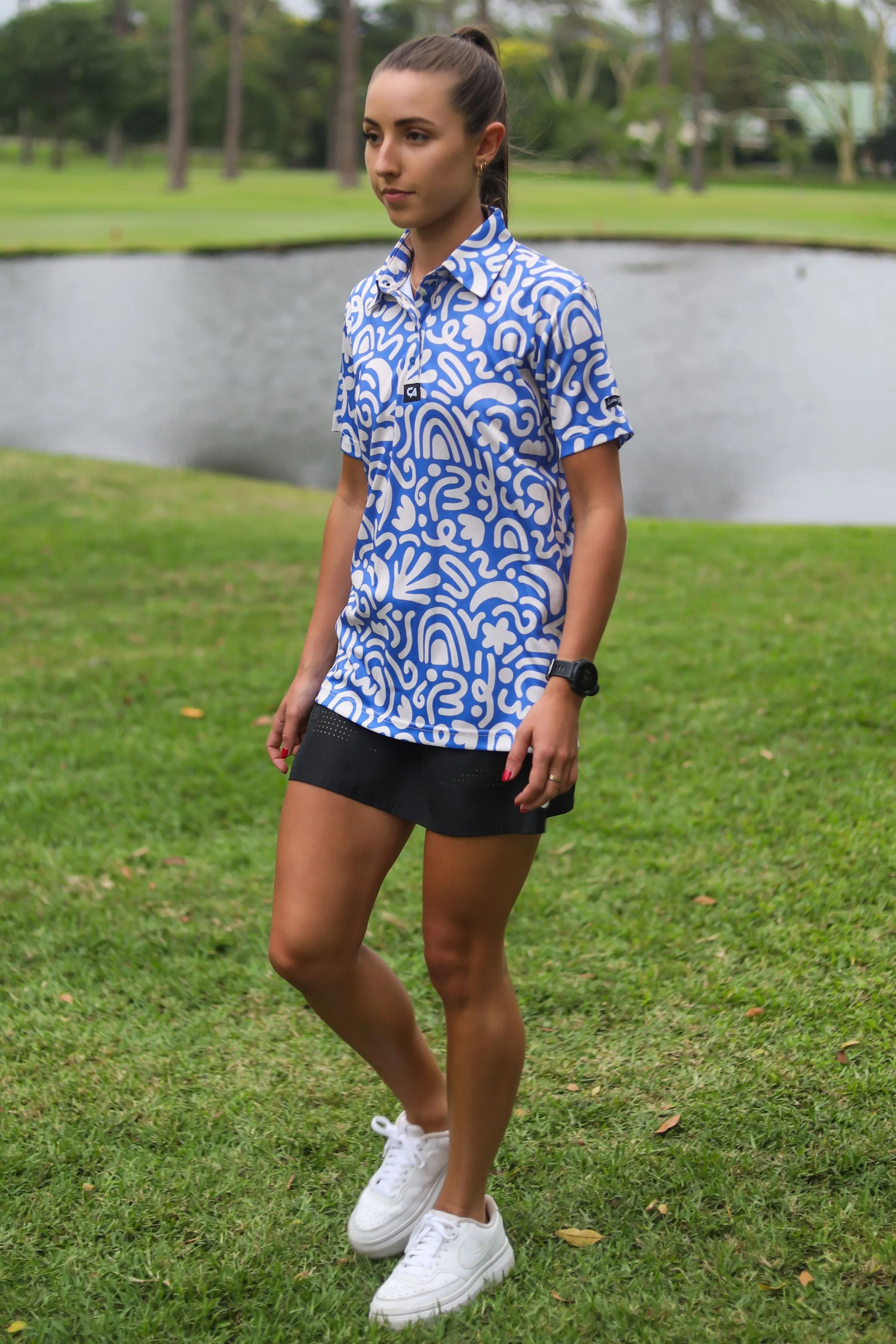 CA Ladies Funky Golf Shirt | Blue & Beige Squiggles