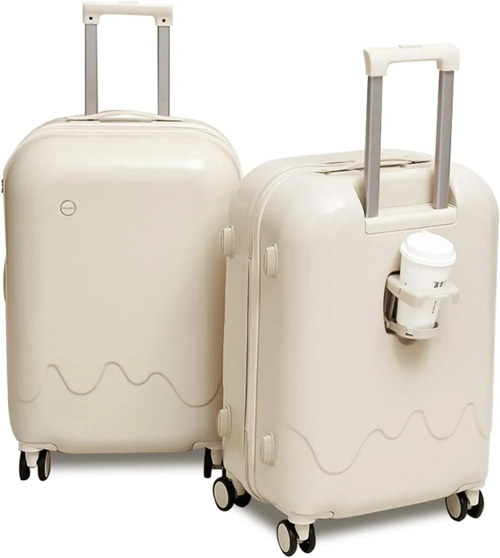 Carry On Luggage with 4 Spinner Wheels & TSA Expandable Fashionable Hard Shell Suitcase With Cup Holder, 20 Inch Carry-On, White