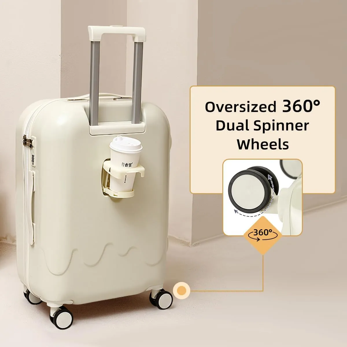 Carry On Luggage with 4 Spinner Wheels & TSA Expandable Fashionable Hard Shell Suitcase With Cup Holder, 20 Inch Carry-On, White