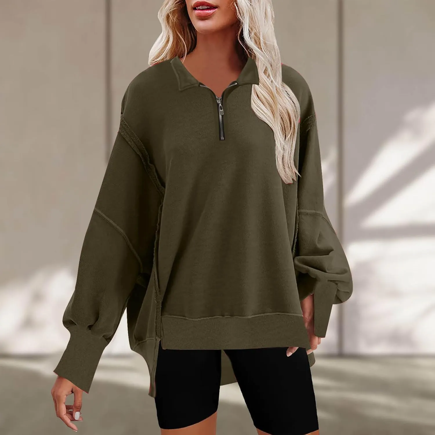 Ceboyel Oversized Sweatshirts for Women Loose Fit Zip Up Hoodie Sweatshirt Split Corded Pullover Tops Fashion Trendy Clothes
