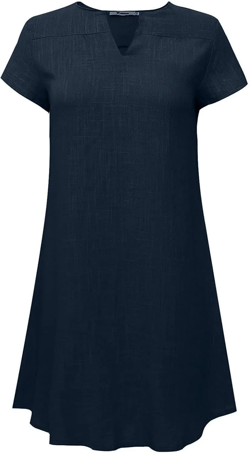 Ceboyel Women Cotton Linen Short Dress Summer Shirt Dress V Neck Short Sleeve Beach Dresses Boho Ladies Clothing 2023